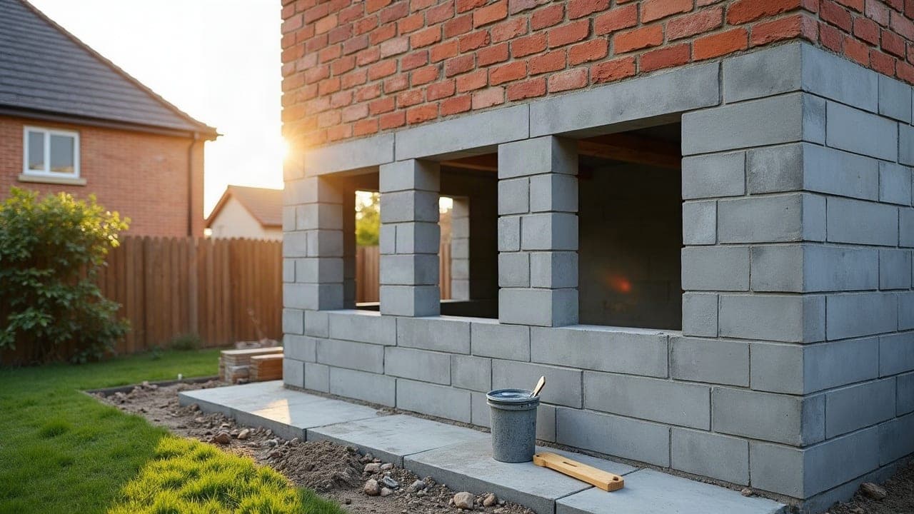 Maison en construction à Bourg-en-Bresse, murs en blocs de béton montés par assises et baies franchies par leurs linteaux