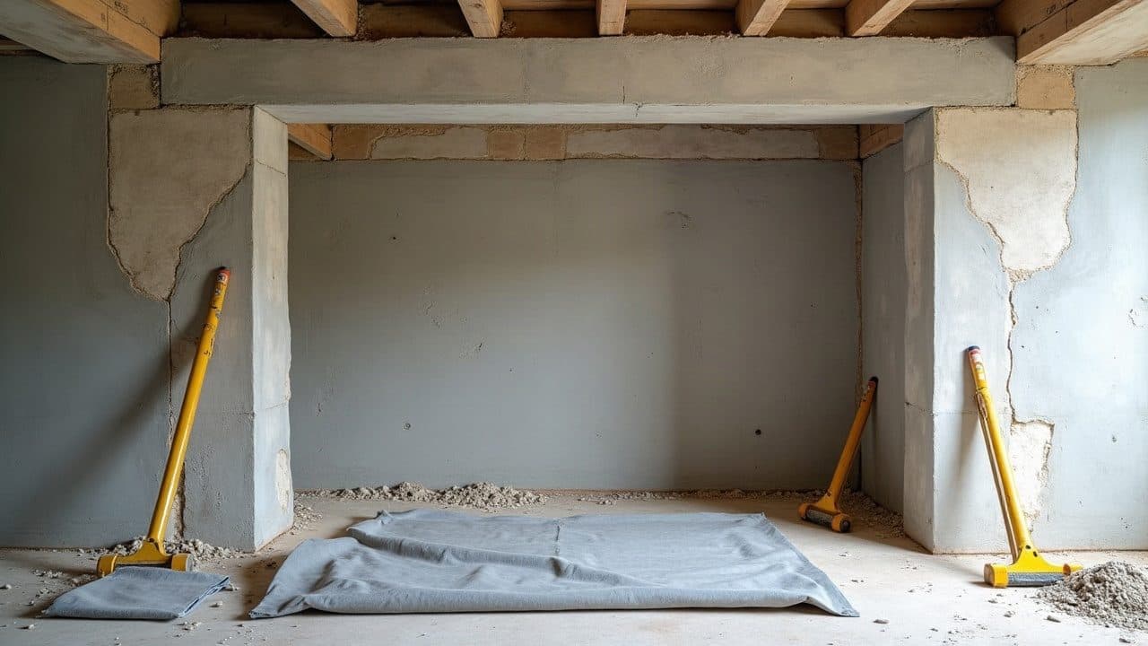 Ouverture pratiquée dans un mur porteur à l'intérieur d'une maison en travaux, linteau et jambages maçonnés, étais métalliques de chaque côté et bâche de protection posée au sol