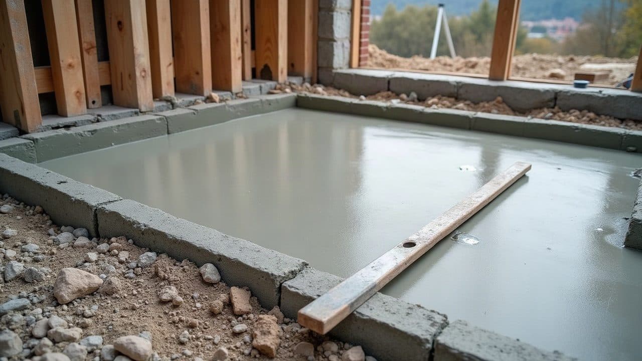Dalle béton fraîchement coulée dans son coffrage bois contre une façade en brique et parpaing, règle de maçon posée dessus et hérisson de gravier en bordure