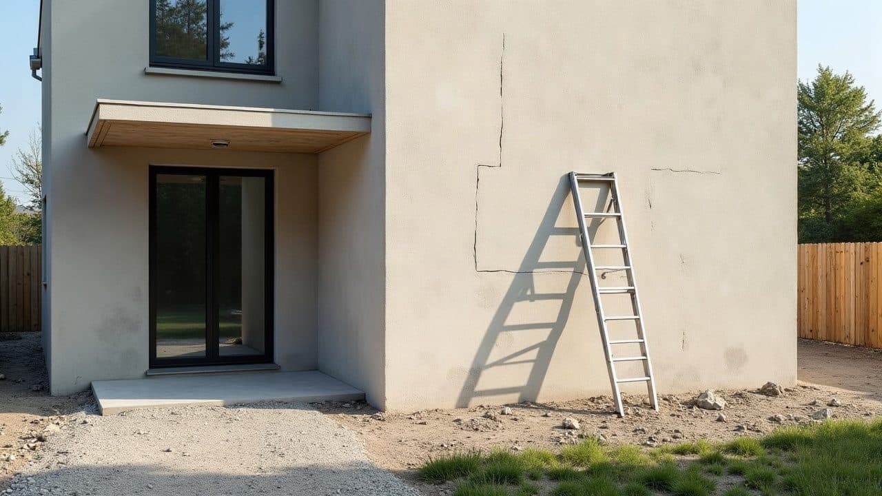 Fissure traversant l'enduit d'une façade, vue d'ensemble depuis le jardin avec une échelle posée contre le mur