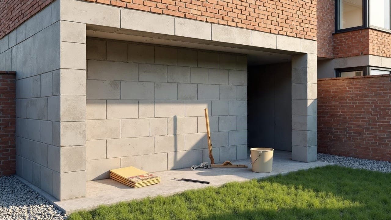 Extension en parpaing accolée à une maison en brique, dalle et outils de chantier au premier plan