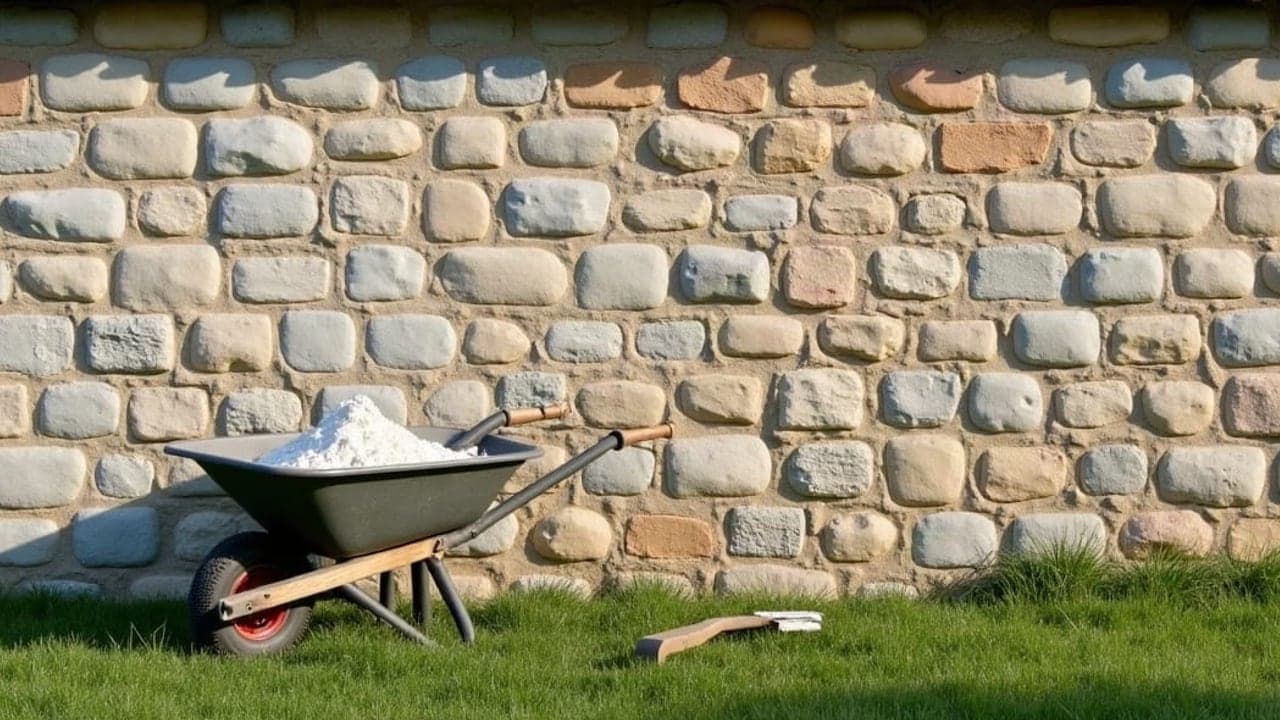 Mur ancien en galets de la Bresse avec brouette de mortier, rénovation de maçonnerie traditionnelle